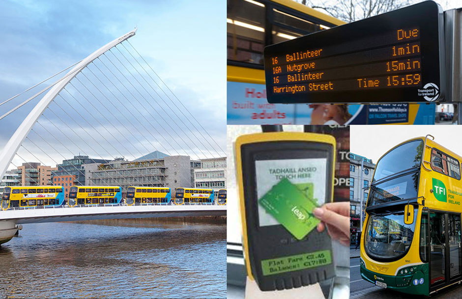 Leap card machine, real time information. dublin buses driving over samuel beckett bridge and hybrid bus