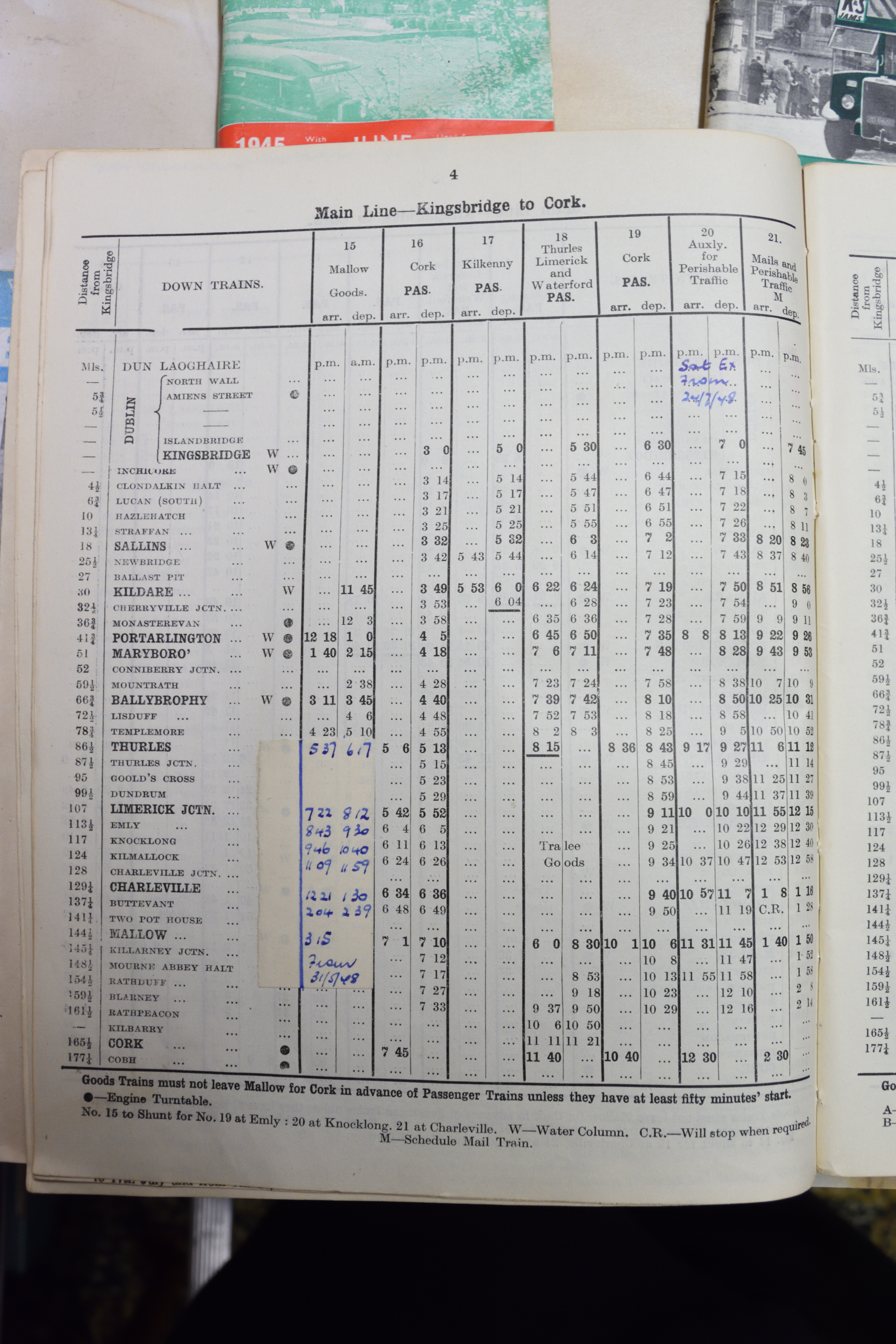 1945 Main line - Kingsbridge to Cork train timetable