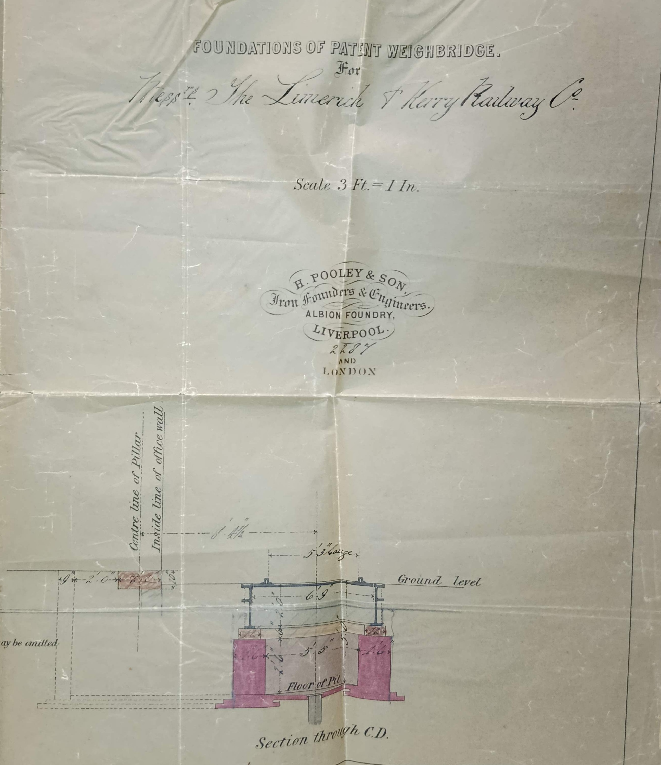 Drawing, foundations of patent weighbridge for the Limerick and Kerry Railway Company